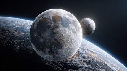Two moons orbit a planet in space.