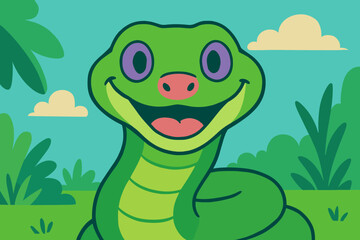 Fototapeta premium Cartoon vector illustration of a green snake head with a genuine facial expression and its tongue hanging out, set against a blue snowy background, symbolizing the 2025 Chinese calendar year