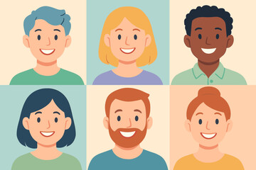 Smiling Faces: A collection of stylized portraits featuring a diverse group of smiling individuals, with each person embodying approachability, positivity, and authentic happiness
