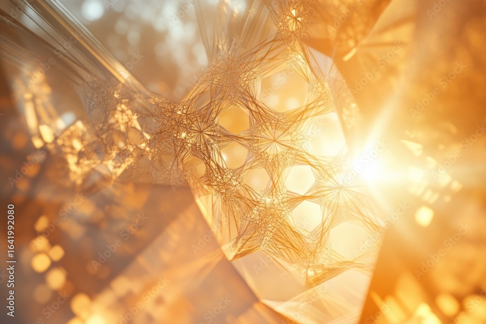 Wall mural abstract golden fractal art with intricate geometric patterns and a sunburst effect.