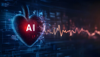 Obraz premium Realistic heart on left with a heartbeat line originating from the heart extending right, across the image with the letters 