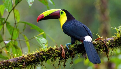 Naklejka premium A Chestnut-mandibled Toucan perches on a moss-covered branch in a leafy green environment.
