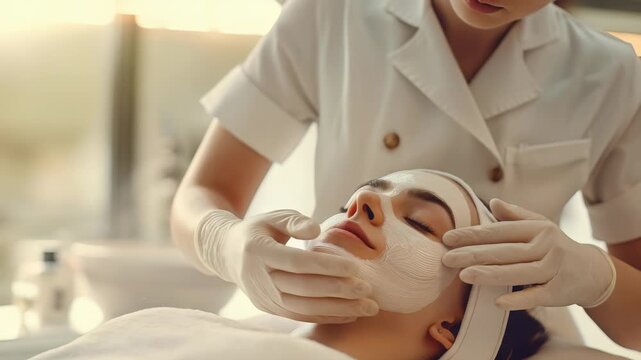 Aesthetician giving face mask to woman in white spa room. Her eyes are closed, mask is being applied on her face. A great moment self-care, relaxation