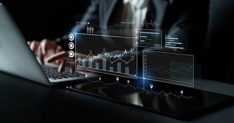High-tech data visualization dashboard for analytics and performance tracking, including data...