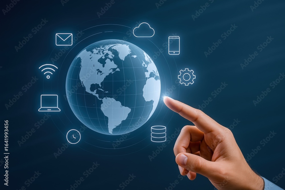 Poster global network technology connecting people worldwide through digital devices and a user pointing to