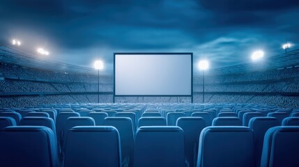 Open Air Cinema Experience: Empty Seats Awaiting Spectators Under a Dramatic Night Sky