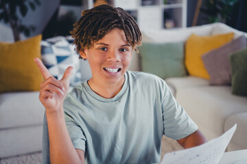Cheerful boy expressing enthusiasm while studying at home in a cozy living room setting, showcasing...