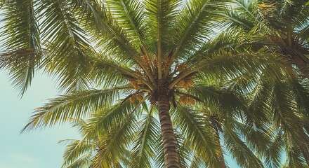 Lush green palm fronds reach for the sky on a warm, sunny day, creating a tropical atmosphere.