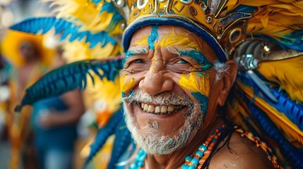 Obraz premium Happy Elderly Man with Face Paint and Carnival Headdress