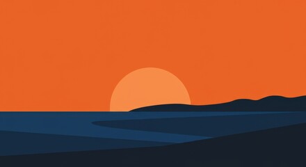 Sunset over water, flat graphic with bold shapes showing the sun setting over the water horizon, simple and vibrant design with strong color contrasts