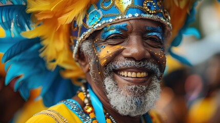 Happy senior man in vibrant carnival costume portrait