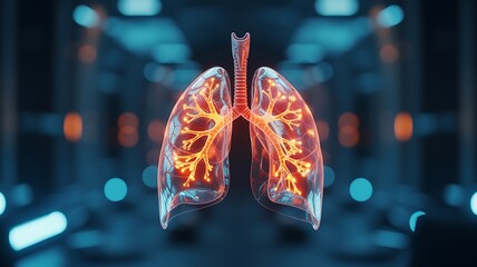 Glowing human lungs with detailed bronchial tree in futuristic sci fi setting