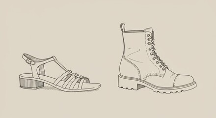 Minimalist shoe comparison drawing, simple line illustration contrasting summer sandals and autumn lace-up boots, rendered in neutral colors with clean minimalist style