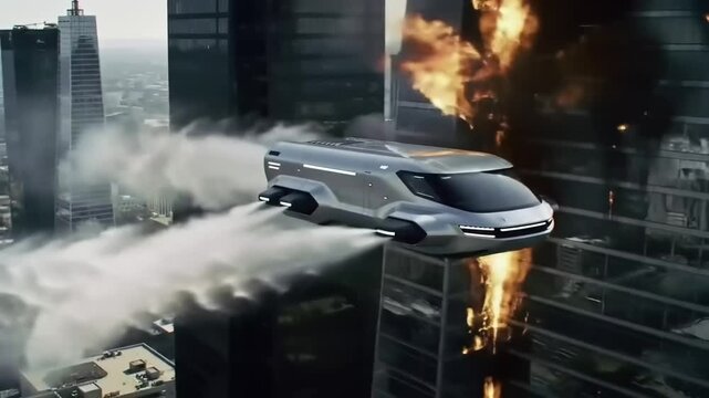 Futuristic vehicle soaring above a cityscape during a dramatic event