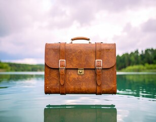 A well-worn leather briefcase levitating a few inches above a still reflective water surface.