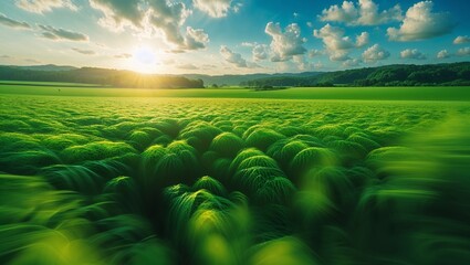 Wavy field of lush green growth with a sunset and scattered clouds above a hillside.