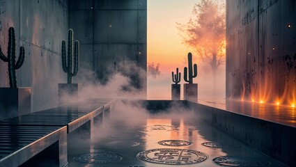 Modern Desert Oasis: Minimalist Spa with Cacti, Steam, and Concrete at Sunset