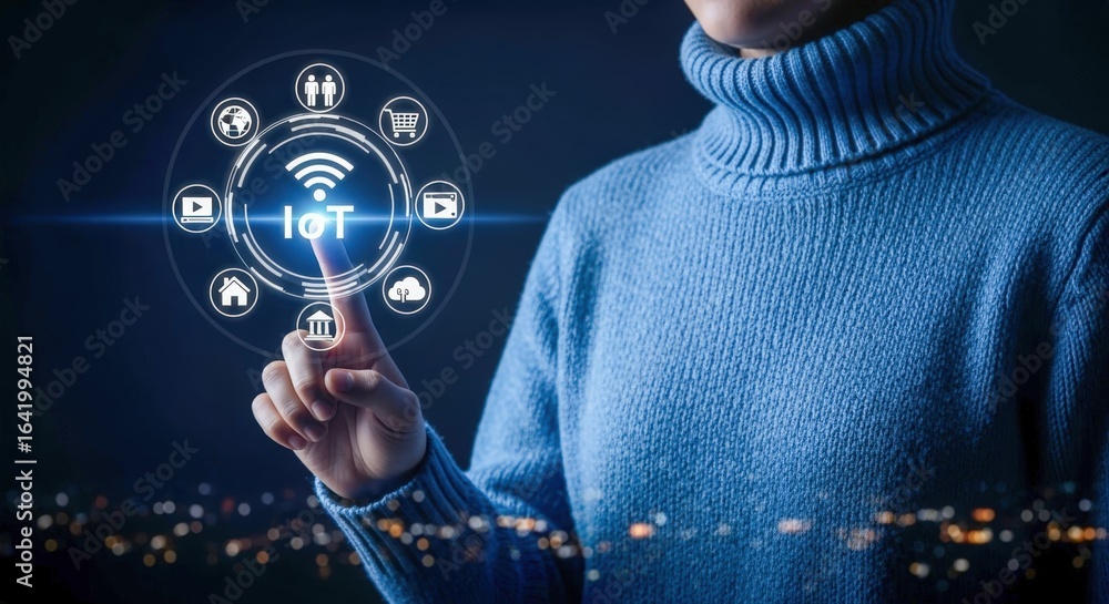 Poster internet of things (iot) concept: person interacting with a digital interface connecting smart devic