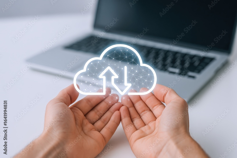 Poster cloud computing technology: hands holding cloud icon over laptop for data storage and transfer