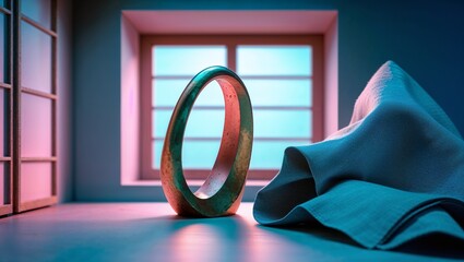 Copper Ring Sculpture with Blue Cloth in Bright Lit Room Near Window with Pink Glow.
