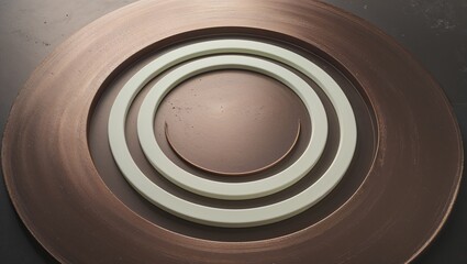 Abstract concentric circle design with metal and ceramic elements in tones of brown and white.