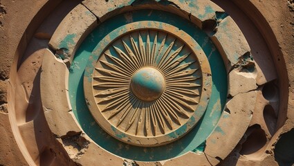 Weathered Ancient Stone Carving with Radial Design and Turquoise Accents in Ruins