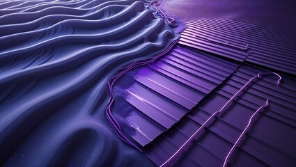 Surreal Landscape of Violet Hues: Textured Terrain Meets Metallic Grid with Neon Accents