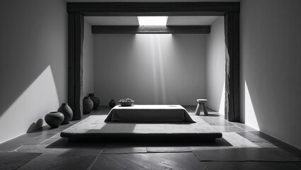Black and White interior with sunlight shining through a window for relaxing ambiance