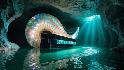 Architectural Marvel: Modern Structure in a Cave Lake, Illuminated by Sunlight and Turquoise Water
