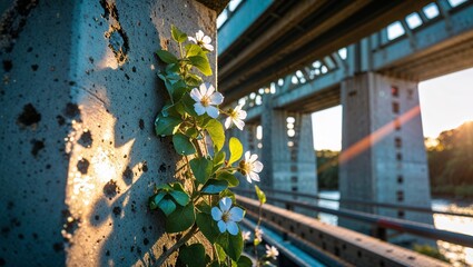 Wildflowers Thrive on Rusty Bridge, Sunlight Filtering Through Truss Structure, Nature's Beauty