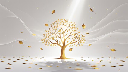 Stylized golden tree shedding leaves in a minimalist, elegant, dreamlike environment.