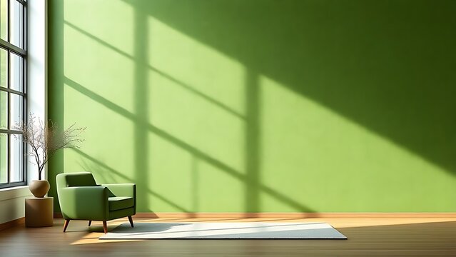 Contemporary interior with abstract green walls and sleek furniture, bathed in soft ambient light.