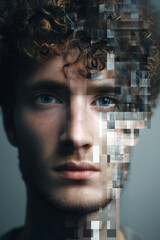 Vertical portrait of a young man with half of his face revealing pixelated AI structure, representing deepfake manipulation.
