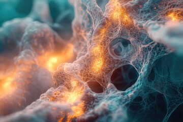 Abstract image depicting a complex network structure with glowing orange nodes, resembling a neural network or cosmic web.