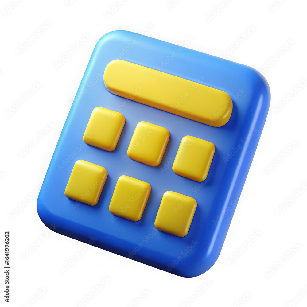 Poster blue and yellow 3d calculator icon with rounded buttons on a black background technology math isolat