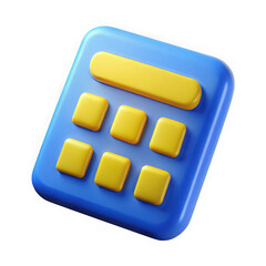 Blue and yellow 3D calculator icon with rounded buttons on a black background technology math isolated on a transparent background