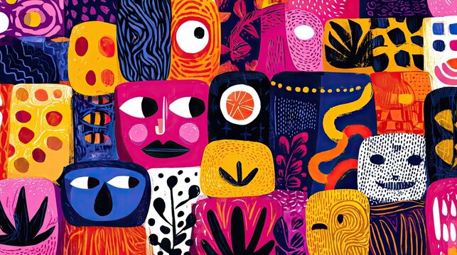 Colorful, abstract faces and shapes create a vibrant design.