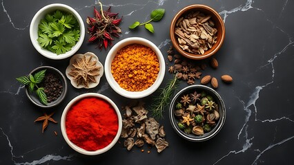 An artistic arrangement of dried herbs and spices in small bowls on a dark marble surface.