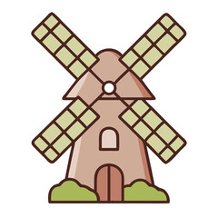 Traditional windmill illustration with green blades and brown base  