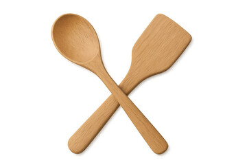 Wooden spoon and spatula crossed on transparent background