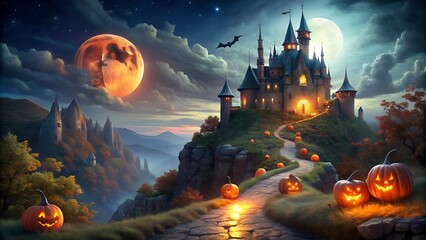Mysterious halloween castle on a hill with glowing pumpkins and a large moon over a fantasy landscape
