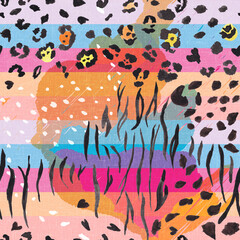 Bright, colorful seamless pattern with hand painted animal stripes and spots on colorful textured background