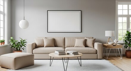 Stylish modern living room interior with beige sofa and blank picture frame