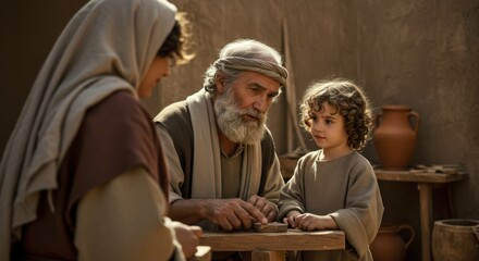 Saint Joseph teaching carpentry to young Jesus Christ in biblical times. Historic bible scene of father and son.