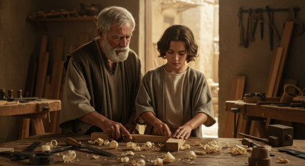 Fototapeta premium An elderly carpenter teaches a boy the craft of woodworking in a workshop. Biblical scene of Joseph teaching young Jesus.