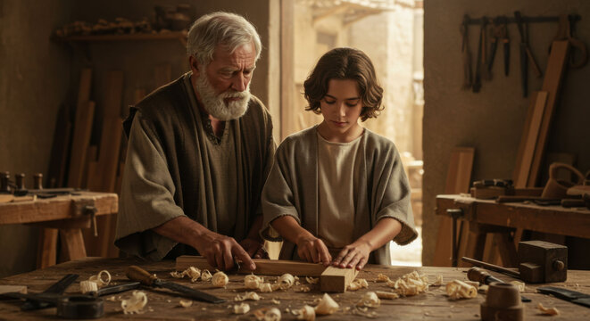 An elderly carpenter teaches a boy the craft of woodworking in a workshop. Biblical scene of Joseph teaching young Jesus.