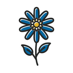 Blue flower illustration with yellow center and green leaves  