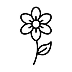 Simple line drawing of a flower with a stem and leaves  