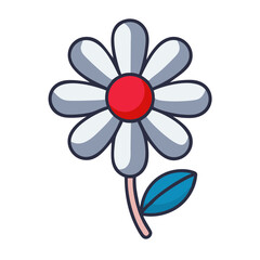 Simple illustration of a daisy flower with red center and blue leaf  