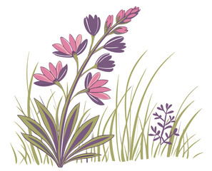 Colorful wildflowers with green grass in a minimalist style  